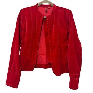 SO Red Velvet Tailored Jacket hook-and-eye Closure Straight Collar Lace Sz L